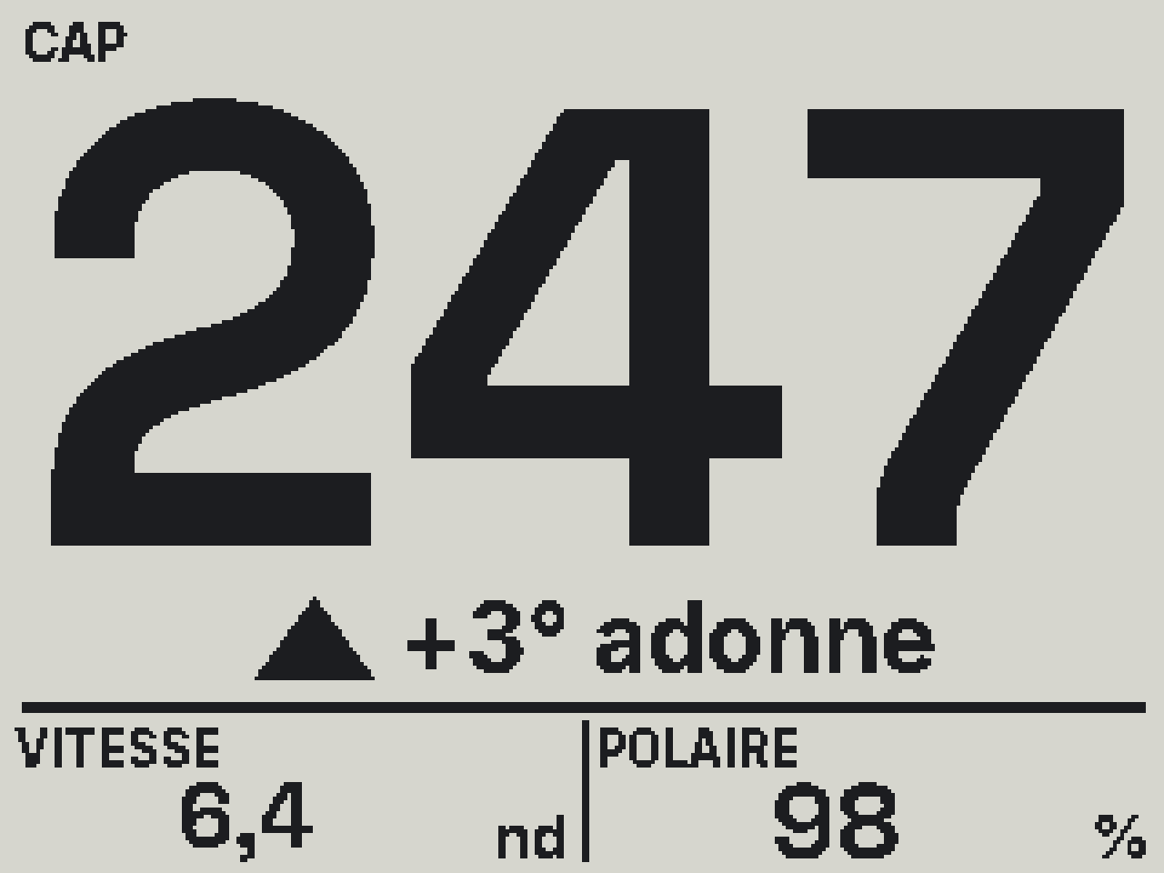 Screen mock-up: upwind, large heading, lift, speed and polar percentage.